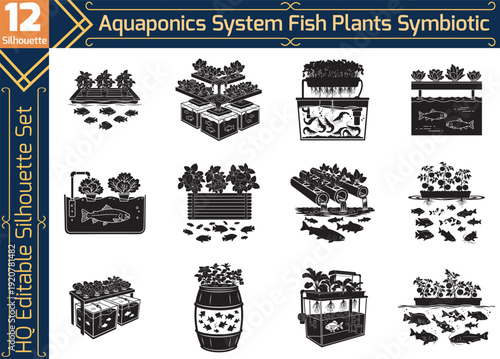 Aquaponics system silhouette set. Symbiotic fish and plant farming icons. Sustainable agriculture, hydroponics, and aquaculture vector illustrations.