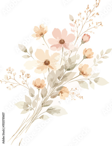 Soft Pastel Watercolor Floral Bouquet Illustration, Boho Peach and Pink Flowers, Elegant Vintage Botanical Design Element Isolated on White Background for Wedding Invitations