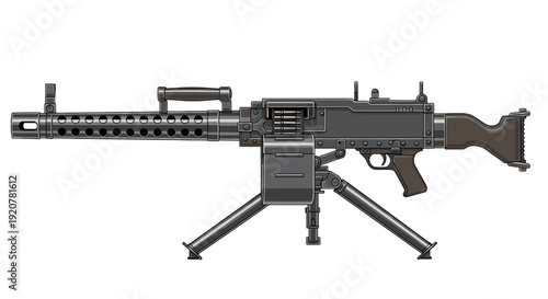 Detailed illustration of a heavy machine gun, shown on a tripod, isolated.