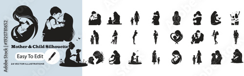 Minimalist Happy Mother's Day Vector Collection: 24 Aesthetic Mother & Child Silhouettes for POD and Print