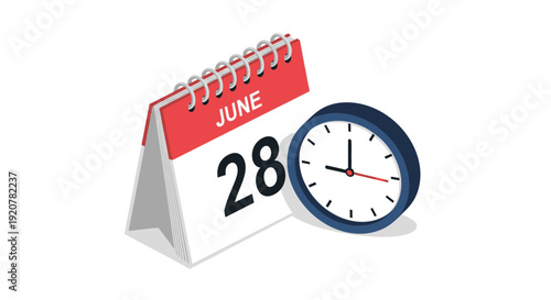 Calendar and clock displaying June 28th with precise time on a simple white background viewed from the front