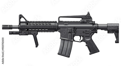 A black AR-15 style assault rifle is displayed against a white background.