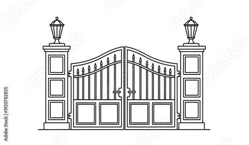 A black and white line drawing of an ornate gate with two lamp posts on either side