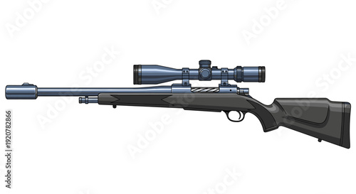 A detailed illustration of a high-powered rifle with a mounted scope, isolated.