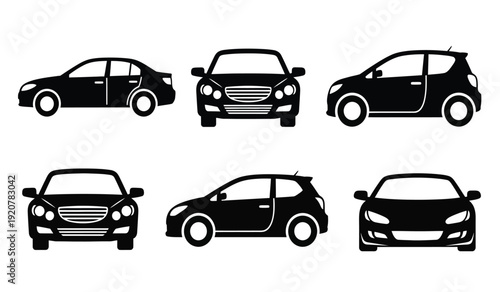 Collection of six different black car silhouettes in various angles and views