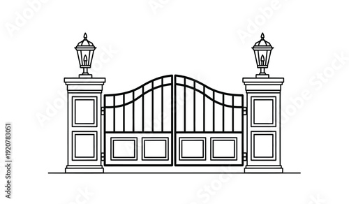 Black and white illustration of a decorative gate with two lamp posts on either side