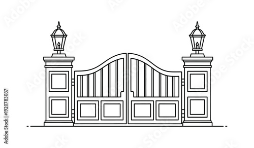 A black and white line drawing of an ornate gate with two lamp posts on either side