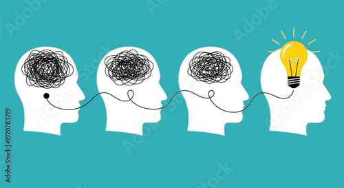 Illustration of human heads in profile with thoughts transforming into an idea represented by a lightbulb on a solid background