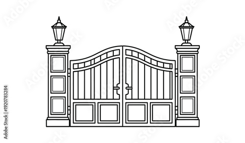 A black and white line drawing of a decorative gate with two lamp posts on either side