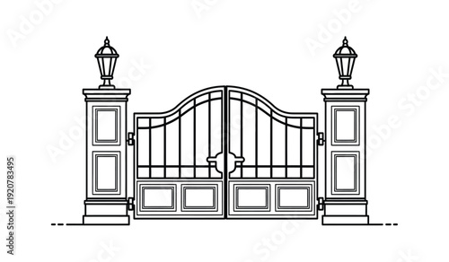 Elegant wrought iron gate with two lantern posts on either side