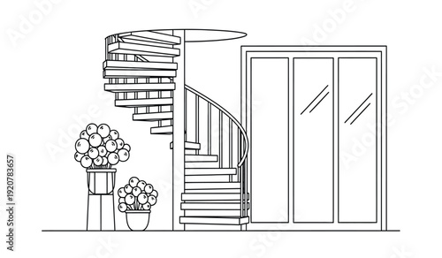 Black and white line drawing of a spiral staircase with flowers and a door