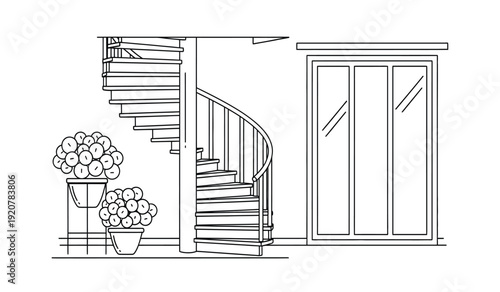 Black and white line drawing of a staircase with potted plants