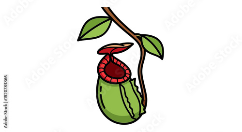 Simple graphic icon featuring a stylized tropical carnivorous pitcher plant with green leaves and a red trap