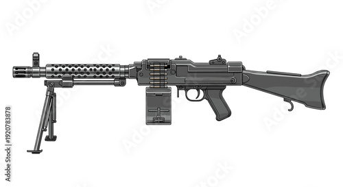 A black machine gun with a bipod and ammunition belt, isolated on a white background.