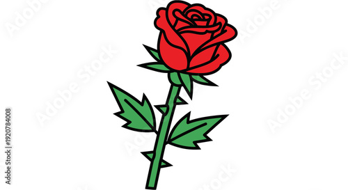 Vibrant Red Rose with Green Leaves and Stem, Symbol of Love and Beauty