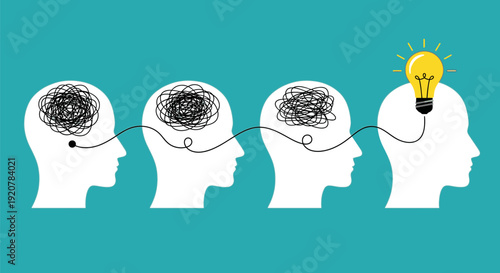 Illustration of human heads in profile showcasing the development of an idea from thought to innovation represented by a lightbulb