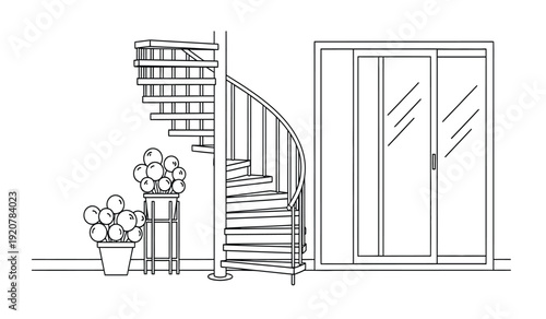 Black and white line drawing of a staircase with potted plants and a sliding glass door