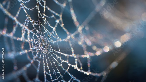 Dewy spider web glistening in the morning sun