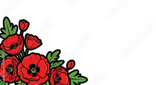 Beautiful Decorative Corner Adorned with Vivid Red Poppy Flowers and Fresh Greenery Illustration