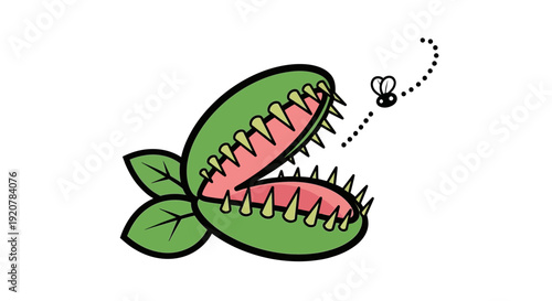 Vivid Cartoon Illustration of a Hungry Venus Flytrap Plant Anticipating to Catch a Small Fly
