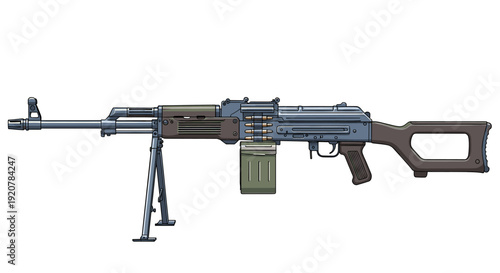 Side view of a PKM machine gun with bipod and ammunition magazine, isolated on a white background.