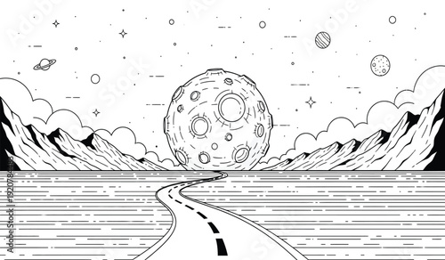 A black and white illustration of a road leading to a large moon in the distance with clouds and stars in the night sky