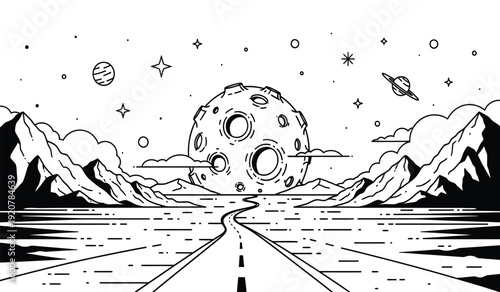 Black and white illustration of a moon with craters and rings floating above a road and mountains under a starry sky