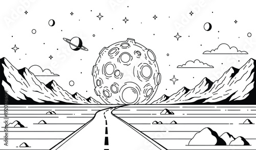 A black and white illustration of a road leading to a large moon with planets and stars in the sky