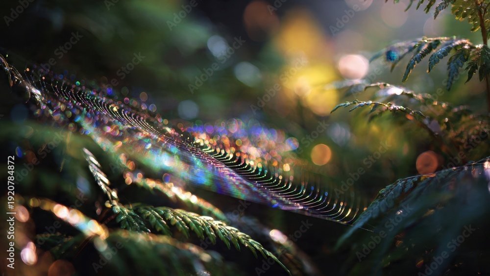 Obraz premium Enchanted Forest: Spiderweb Glistens with Rainbows