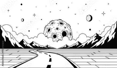 A surreal black and white illustration of a road leading to a cratered moon in a starry night sky with mountains
