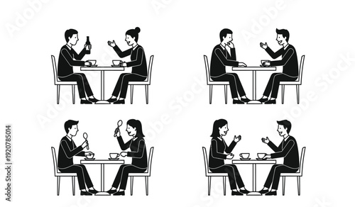 A set of four black and white illustrations depicting business colleagues in various conversation scenes while seated at a table