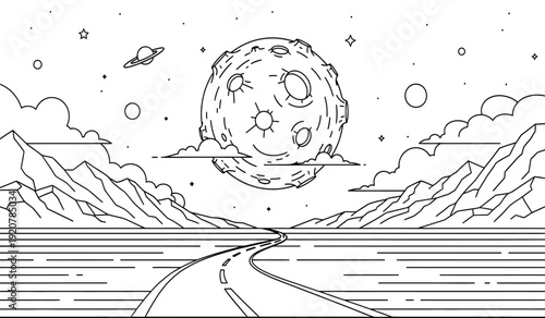 A black and white line drawing of a road leading to a large moon in the sky with mountains and clouds