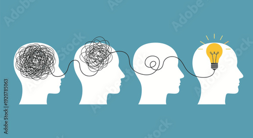 Illustration of four human heads in profile with a lightbulb idea emerging from chaos
