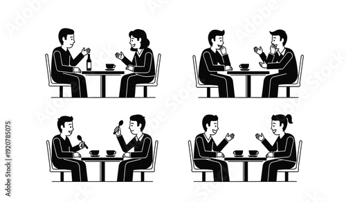Black and white illustration of four different businessmen and businesswomen sitting at a table having a meeting