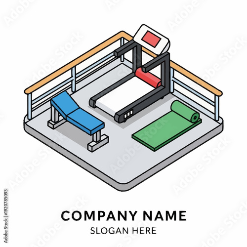 Isometric illustration of a modern fitness gym with exercise equipment and space for branding.