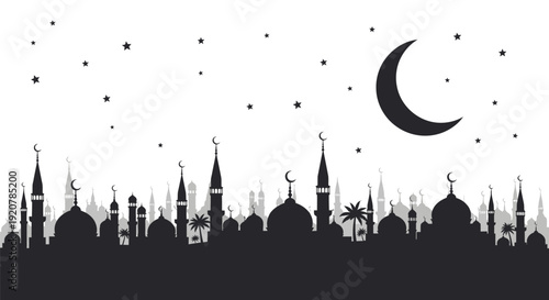 Silhouette of mosque cityscape with crescent moon and stars at night, a serene Islamic scene illustration