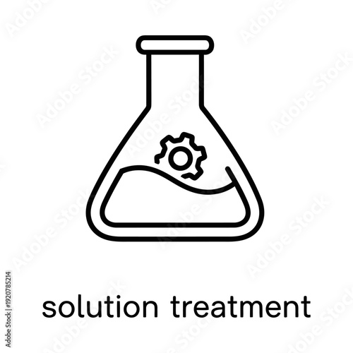 Minimalist line art of a lab flask with a gear symbol representing solution treatment and scientific processes.