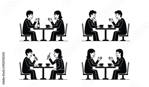 Black and white illustration set of businessmen sitting at a table in various conversation and eating lunch poses