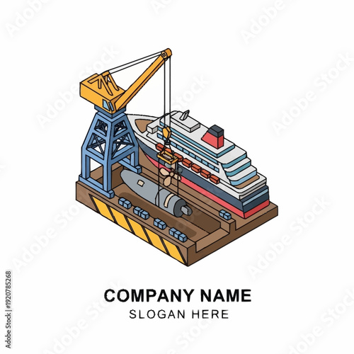 Isometric illustration of a cruise ship being loaded by a gantry crane on a dock.