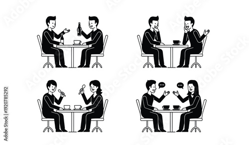 Four black and white illustrations of businessmen having a meeting at a table in different positions and actions