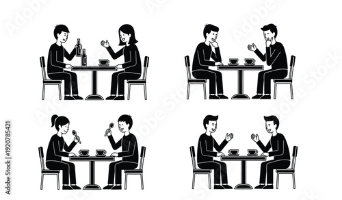 Black and white illustration of four different scenes of a man and woman sitting at a table eating and drinking
