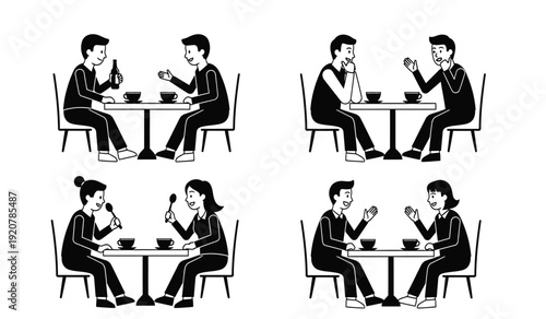A set of four black and white illustrations depicting people sitting at tables and eating or drinking in different social interactions