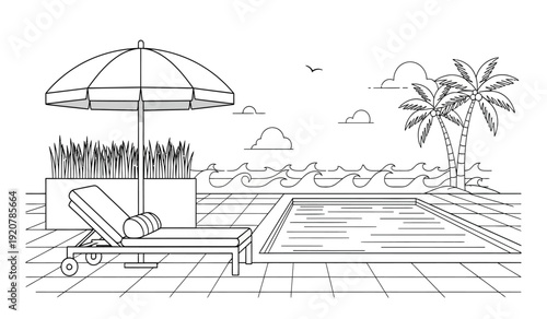 A serene poolside scene with a lounge chair, umbrella, and palm tree by the water on a sunny day with clear sky