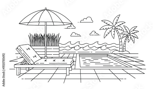 A black and white line drawing of a beach scene with a lounge chair, umbrella, and palm tree on a tiled surface by the ocean