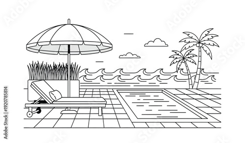 A serene beach scene with a lounge chair, umbrella, and palm tree by the ocean on a sunny day with a cloudy sky