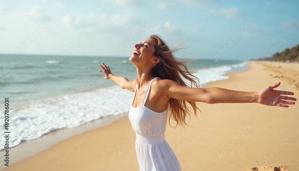 Naklejka premium A joyous young woman in a white summer dress stands on a sandy beach with her arms wide open. She looks up at the sky with a big smile, enjoying the sun and the ocean breeze.
