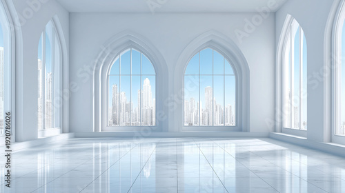 Serene Islamic prayer scene in minimalist white mosque, arched windows reflective floor, spiritual worship environment, religious architectural visualization, with copy space