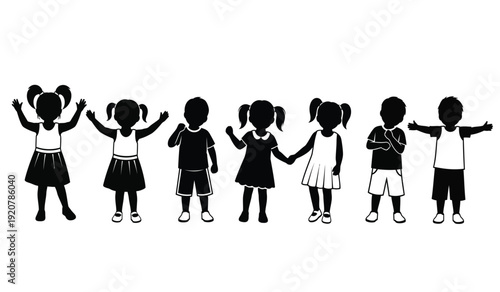Black silhouettes of diverse children standing in a row on with arms outstretched and raised in playful poses