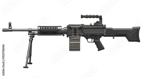 A detailed illustration of a heavy machine gun with a bipod and handle.