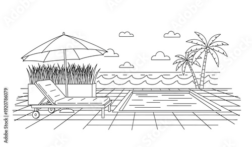 A black and white line drawing of a beach scene with a pool lounge chair and umbrella